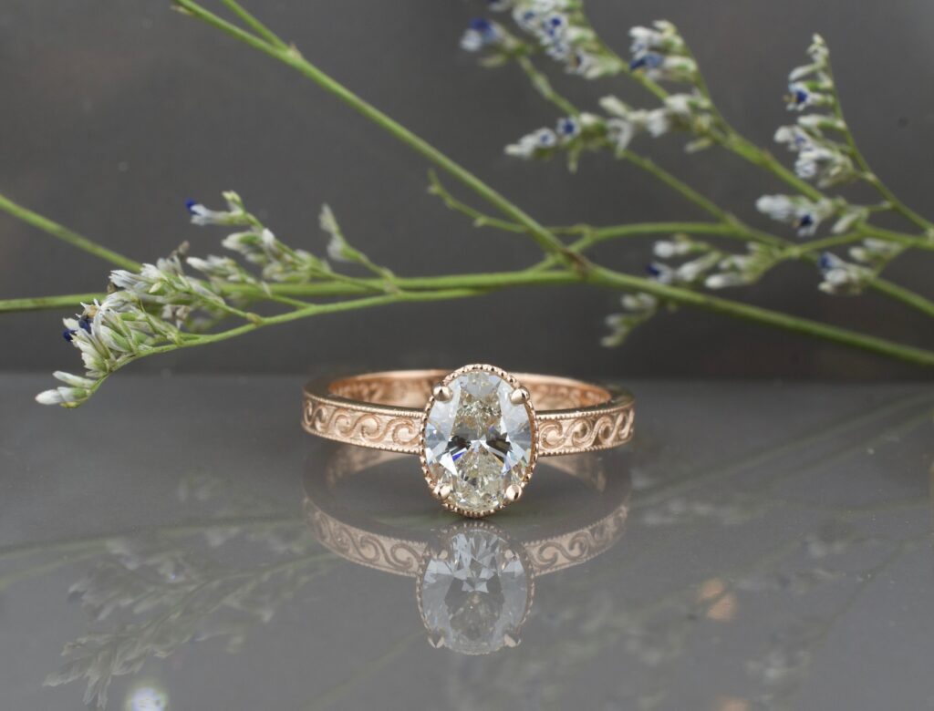 Jules rose gold custom diamond engagement ring styled by ASJ.