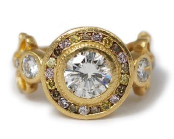 custom engagement ring 14k yellow gold round halo champagne diamond