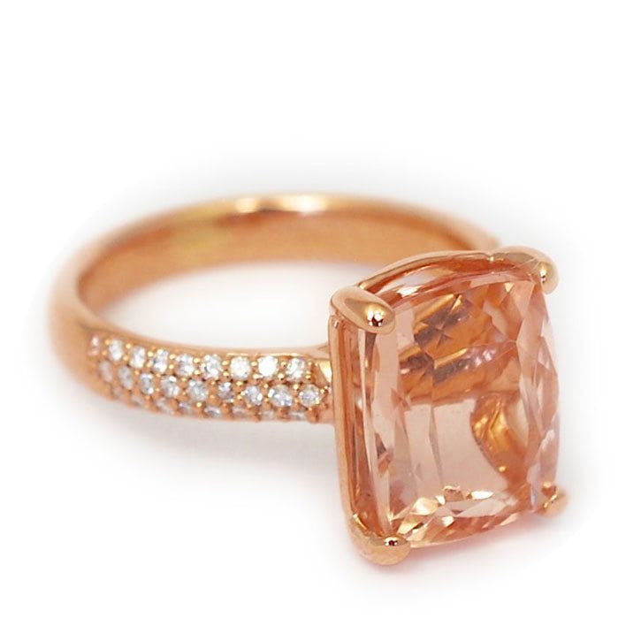 Right angle profile view and details of the The Alanna, an engagement ring made of 14k rose gold and 5 carat cushion cut morganite custom made by Abby Sparks Jewelry.