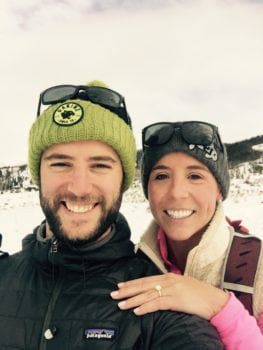 Taylor and Carolyn nordic skiing proposal in Devil's Thumb in Colorado with a 14k yellow gold and 1.4 carat diamond custom engagement ring by Abby Sparks Jewelry.