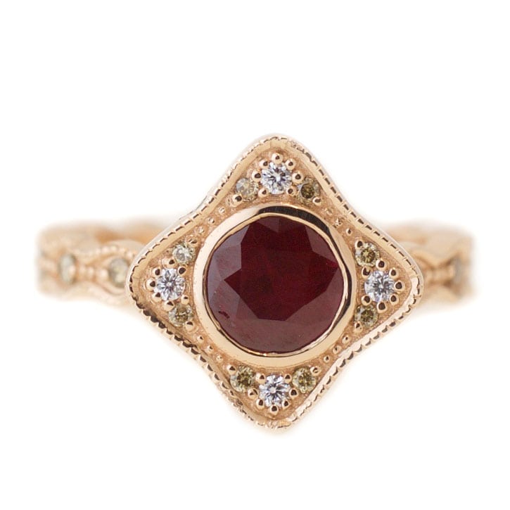 A custom engagement ring rose gold ruby emerald champagne diamonds named after Megan and designed by Abby Sparks