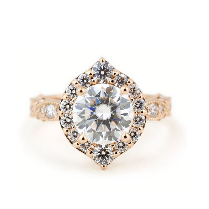 Moissanite Engagement Ring with Diamond Leaf Halo