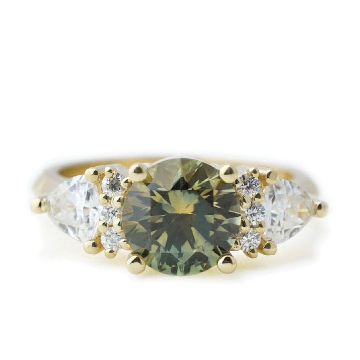 Custom engagement ring yellow gold montana sapphire oregon sunstone moissanite ethical The Dra.