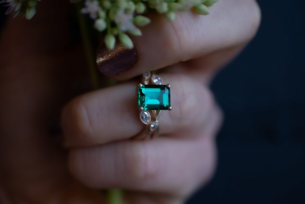 Custom emerald leaf engagement ring by Abby Sparks Jewelry