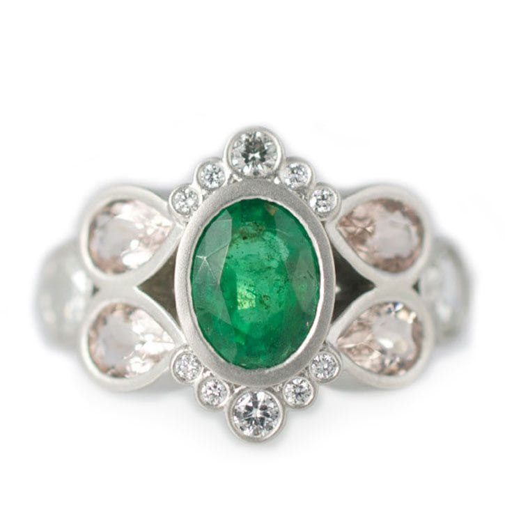 Platinum Rose Cut Emerald, Diamond, and Morganite Ring