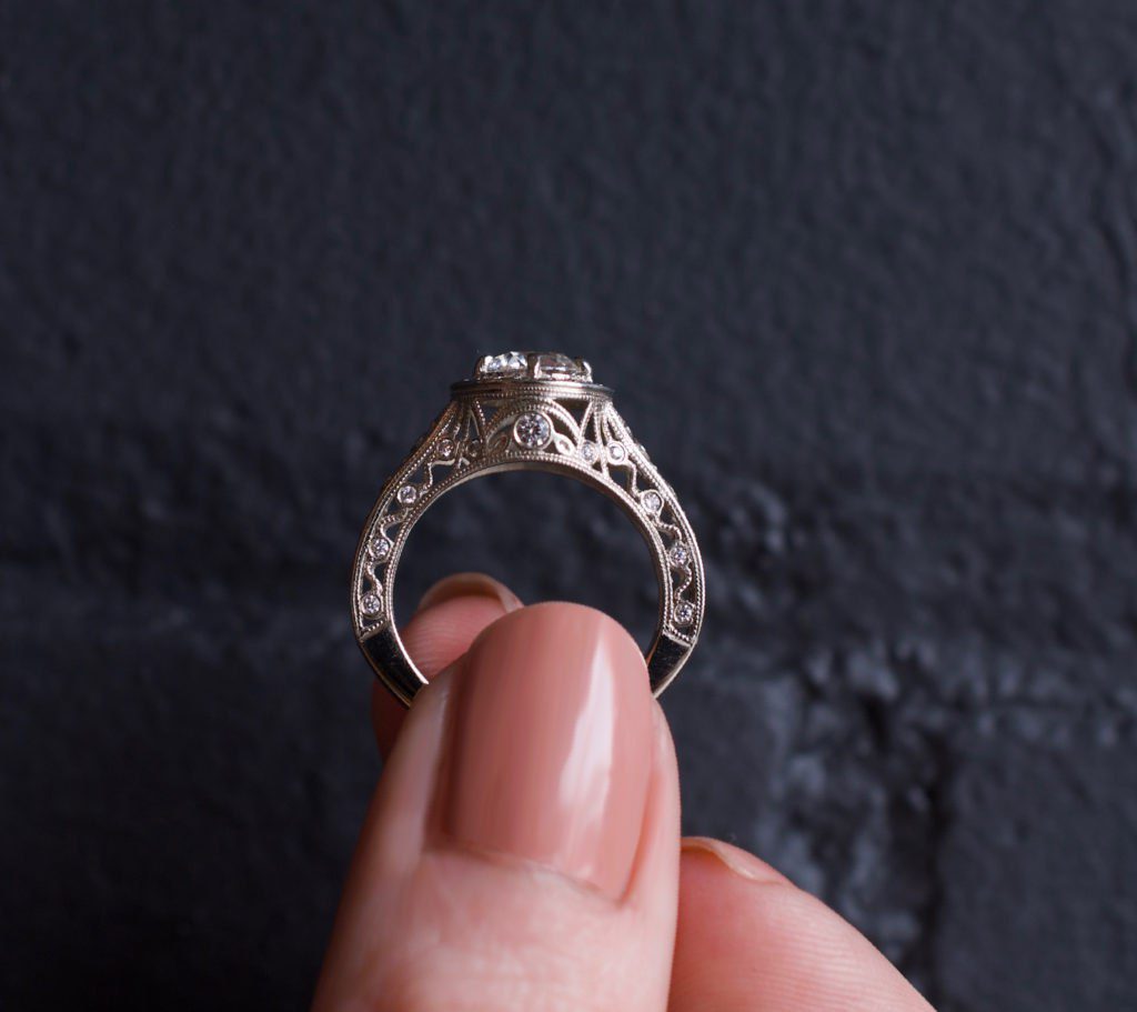 The Sherri, intricate filagree engagement ring designed by Abby Sparks Jewelry.