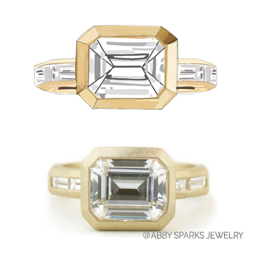 James yellow gold moissanite emerald cut men's engagement ring, designed by Abby Sparks Jewelry.