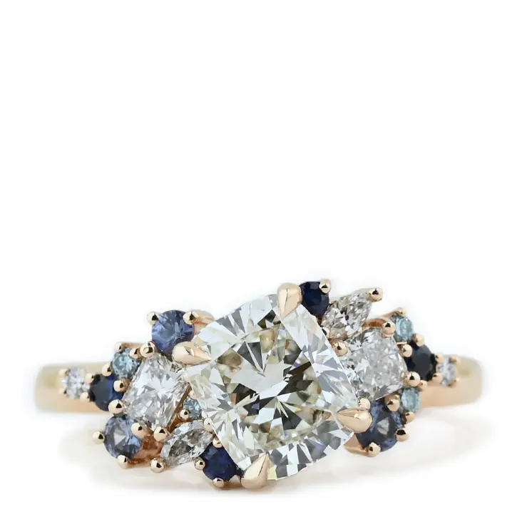 Tilted Cushion Diamond Cluster Ring: Blue and Rosy