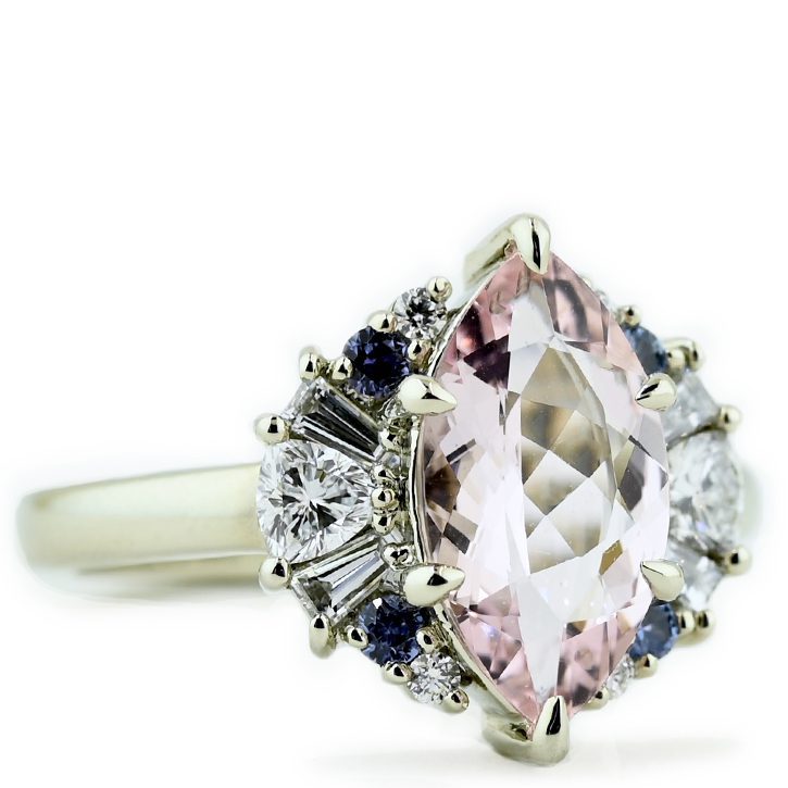 The Ava, a custom made marquise morganite and diamond ring by Abby Sparks Jewelry.