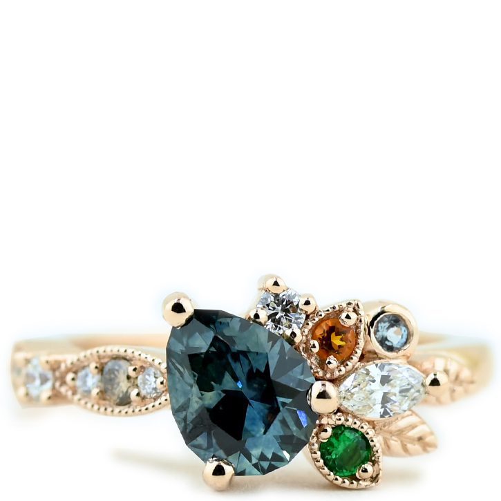 Teal Sapphire Leaf Engagement Ring